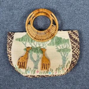 Vintage African Safari Print Woven Rattan Bamboo Bag Embroidered Giraffes